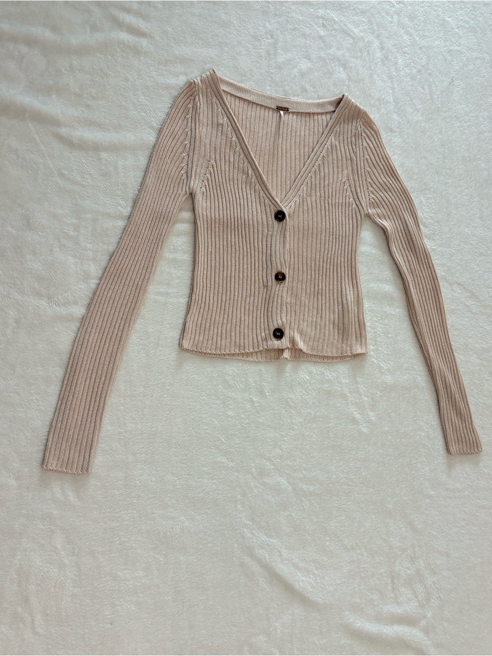 Free People Ribbed V-Neck Button Front Sweater - Cream